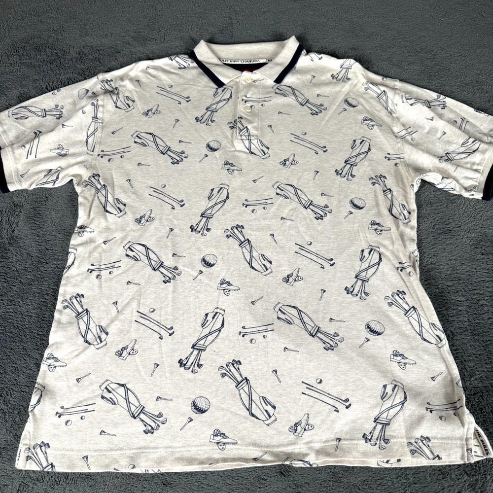 VTG Pivot Rules Men's Polo Shirt Sz Medium Golf Club Print Off White Brown Color